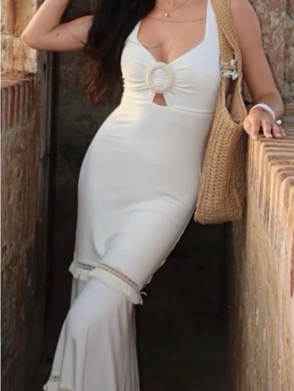 Studio Cream Maxi Dress with Cutout Ring Bodice